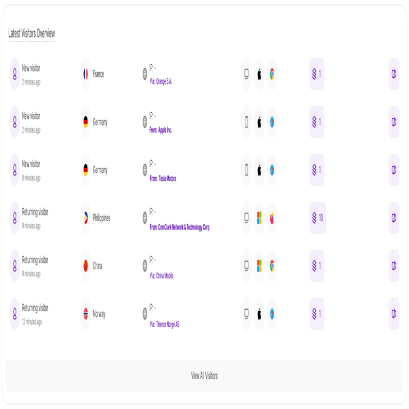 Latest Visitors Overview in the Main Dashboard