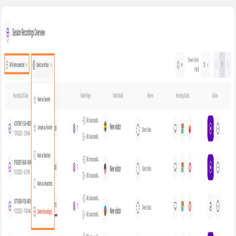 Select a Mass Action for Session Recording