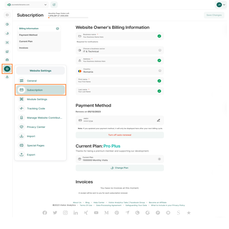 Full Page Overview of Subscription Settings